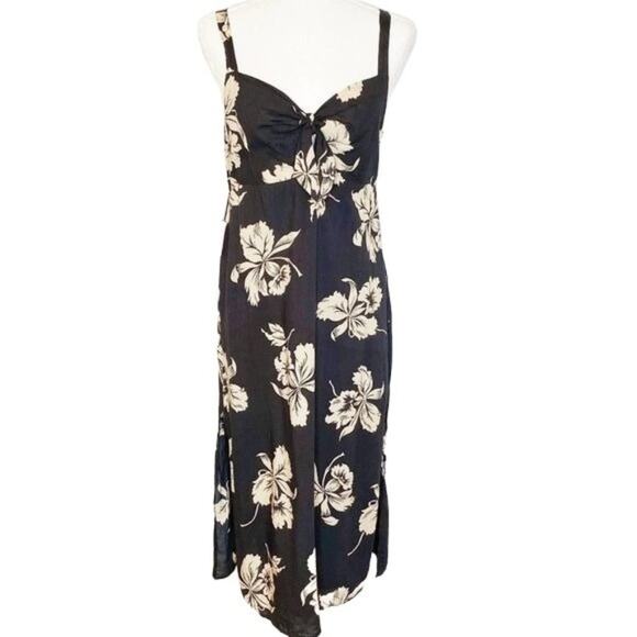 Amuse Society Black Dress Ivory Floral Print Wide Straps Princess Neckline M - Picture 1 of 8